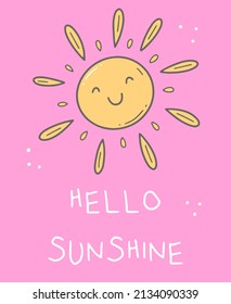Hola, luz del sol, una postal con el sol en un fondo rosado al estilo de doodle. Ilustración vectorial.