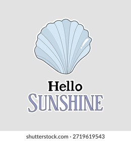 Hello Sunshine seashell icon. Cheerful vector sticker with blue scallop shell and gradient text, great for summer greetings, positive vibes, or beach-themed motivational graphics