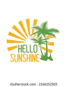 Hello Sunshine Summer Paradise Vacation Vector T-shirt, Sunset Vibes Beach Party Tree Design Template