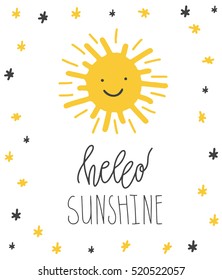 Hallo Sonnenschein, Vektorgrafik. Spaß-Zitat. Handschrift inspirierendes Typografie-Poster mit sonnenlächelndem Gesicht. Handgeschriebene Banner, Logos, Etiketten oder Abzeichen.