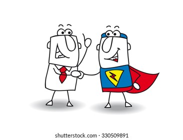 Hello superhero. A businessman and a superhero shaking hands. It's ok ! I swear to you !