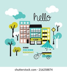 Hello sweet candy shop birthday cake postcard cover design illustration background in vector