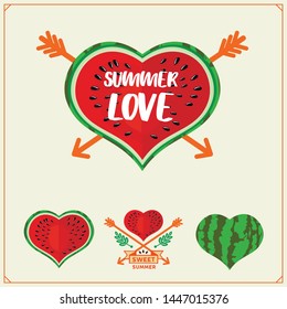 Hello sweet summer set. Healthy food labels and emblems with whole watermelons and juicy watermelon slices. Summer poster design elements.