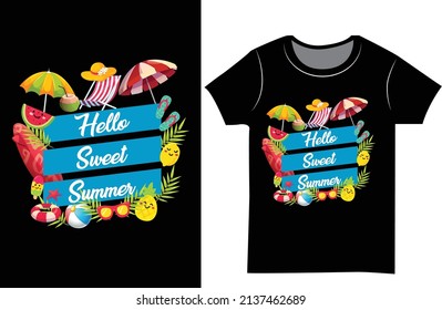 Hello sweet summer Typography t shirt design. T shirt design for Women. Summer Beach t shirt design.