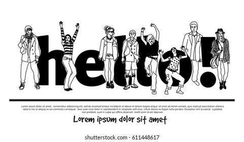 Hello team group people isolate sign black and white. Color vector illustration. EPS8
