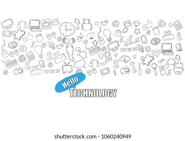Hello technology background with media icons technology hand lettering and doodles elements background. drawing by hand vector.