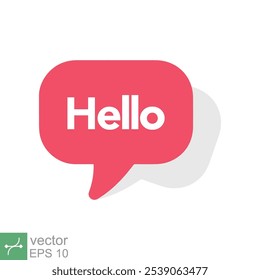 Hello text bubble, red speech message icon. Simple flat style. Chat design, cloud, vintage banner template, communication concept. Vector illustration isolated on white background. EPS 10.