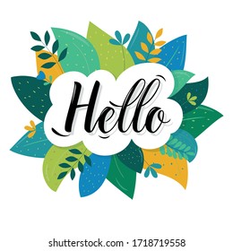 Hello text card lettering. Vector script and handwritten typography.   Beautiful banner with green leaves and plants, isolated.