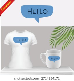 Diseño de texto 'Hola' en Vector de burbuja de discurso en camiseta y maqueta de taza. Gráfico de concepto de comunicación simple para redes sociales, ropa y Mercancía.