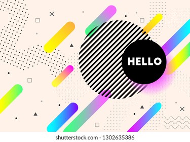 Hello. Text. Memphis poster. Border frame. Vector artwork. Retro, vintage 80s, 90s style. Blue, black, pink, yellow, beige, blue, purple, green colors. Banner, print, wallpaper, web template