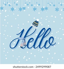 Hello text on the background of drifts, snowflakes and snow. Winter design. Vector illustration EPS10