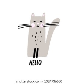 Hello text. Vector nursery lettering doodle poster and postcard with cute cat in scandinavian style, children illustration, cute animals art