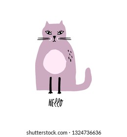 Hello text. Vector nursery lettering doodle poster and postcard with cute cat in scandinavian style, children illustration, cute animals art