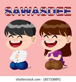 Hombres y mujeres tailandeses disfrazados de manera tradicional dicen Hello in Thai style. Diseño de vectores.