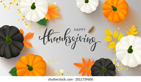 Hello thanksgiving banner template with pumpkin and leaves. Poster, card, label, web banner. Vector illustration