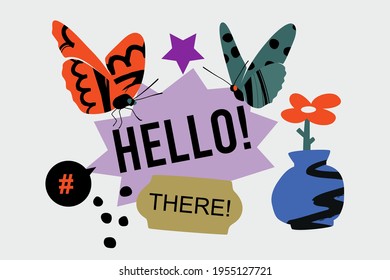 Hello There banner template with butterflies, abstract vase, stickers, and flower. Vector flat cartoon composition.