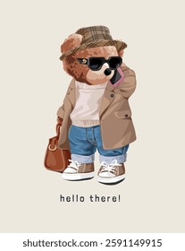 hello there! slogan with bear doll in overcoat and sunglasses vector illustration created by hand drawn without the use of any form of AI software at any stage