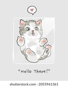 hello there slogan with little kitten against the clear glass vector illustration