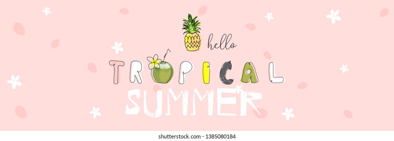hello tropical summer cute  hand drawn illustration with exotic fruits and simple cartoon letters 
