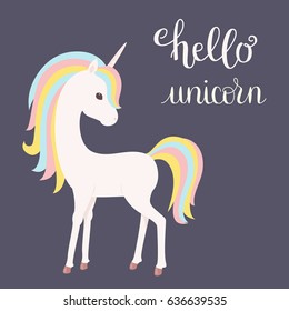 "Hello unicorn" card. Colorful unicorn vector illustration.