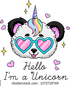 Hello I'm a unicorn text. Cute panda with horn and heartshaped glasses. Vector illustration isolated