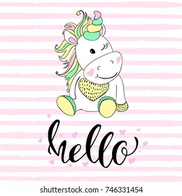 hello in unicorn typography and unicorn illustration vector. Illustration for children. Baby Shower card.