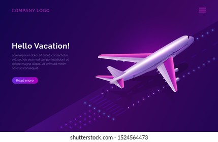Hello, vacation, isometric travel concept vector illustration. Airport runway with burning lights and plane taking off on purple background. Modern design for web page, ticket sales or travel agency
