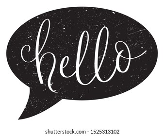 HELLO vector brush calligraphy in speech bubble shape with distressed texture