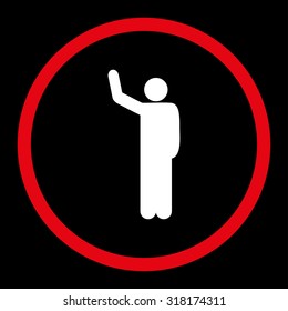 Hello vector icon. This rounded flat symbol is drawn with red and white colors on a black background.