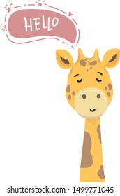 Hello. Vector illustration of cute giraffe. Childish background with smiling cartoon character. hand drawing
