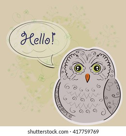 Hello. Vector illustration of owl. Owl with flowers on light background. 