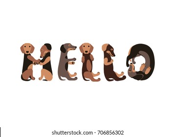 Hello. Vector Inscription of dachshund dogs letters
