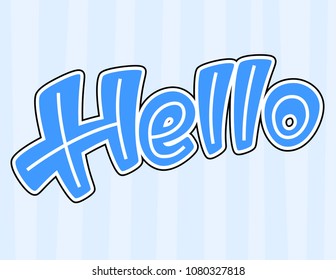 Hello. Vector lettering blue word on striped background. Concept for logo, card, typography, poster, print. 