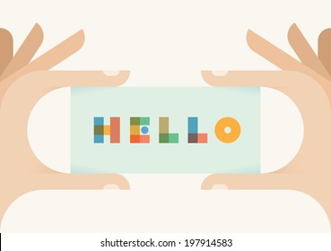 Hello vintage style badge in human hands. Concepts: Creativity, Art, Graphic design, dating, meeting, Personal identify on web site, interview, first dating, introduction, presentation (job, career)