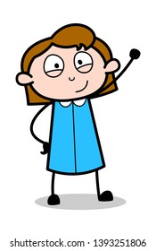 Hello Waving Hand Gesture - Retro Office Girl Employee Cartoon Vector Illustration﻿