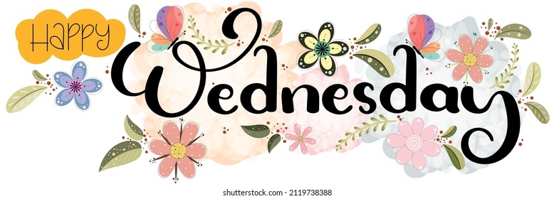 Hello WEDNESDAY. Happy Wednesday week vector with flowers, butterflies, and leaves. Days of the week, Decoration Typography Flat Style Design. Illustration (Wednesday)