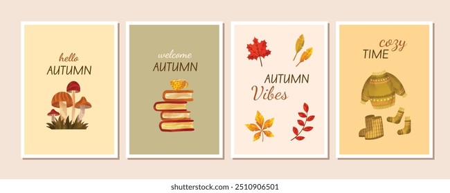 Hello welcome Autumn greeting cards set. Fall warm cozy posters collection with botanical elements, mushrooms, sweater, socks, boots, stack of books and a cup of tea or coffee. Watercolor illustration