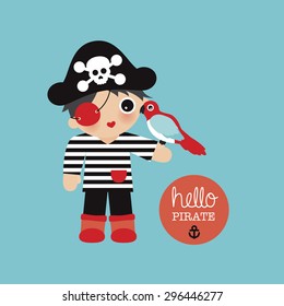 Hello welcome cute little pirate boys birthday postcard invitation with sailor captain and parrot illustration baby boy birth announcement background template in vector