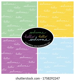 hello welcome monochrome linear doodle hand written text vector seamless pattern on dark background colorful pattern set