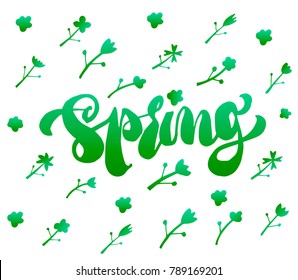 Hello welcome spring lettering. Brush pen hand drawn calligraphy. Flower illustration.