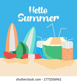 hello welcome to summer consisting of watermelons, surfboards, coconut water drinks with a blue background and beach sand
