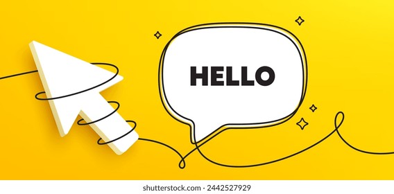 Hola etiqueta de bienvenida. Banner de chat en línea continua. Su invitación. Mensaje de saludo formal. Hola, mensaje de burbuja de voz. Icono de cursor 3d ajustado. Vector