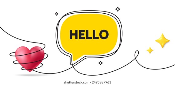 Hello welcome tag. Continuous line art banner. Hi invitation offer. Formal greetings message. Hello speech bubble background. Wrapped 3d heart icon. Vector