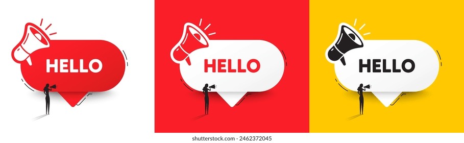 Hello welcome tag. Speech bubble with megaphone and woman silhouette. Hi invitation offer. Formal greetings message. Hello chat speech message. Woman with megaphone. Vector