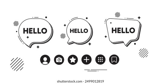 Hello welcome tag. Speech bubble offer icons. Hi invitation offer. Formal greetings message. Hello chat text box. Social media icons. Speech bubble text balloon. Vector