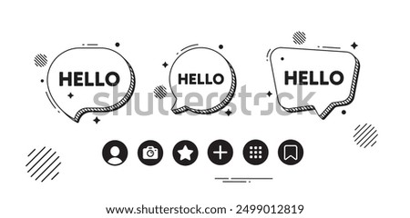Hello welcome tag. Speech bubble offer icons. Hi invitation offer. Formal greetings message. Hello chat text box. Social media icons. Speech bubble text balloon. Vector