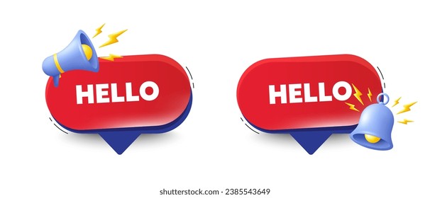 Hola etiqueta de bienvenida. Burlas de voz con timbre 3d, megáfono. Su oferta de invitación. Mensaje de saludos formales. Hola mensaje de charla. Cuadro de diálogo de oferta roja. Vector
