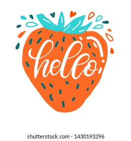 Hello. White lettering inside fruit silhouette. Decorative letter. Hand drawn lettering. Bright quote, inscription. Font poster. Handwritten illustration.