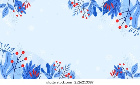 Hola fondo de ganador para redes sociales, para invitación de evento, cupón de descuento, anuncio, con lugar para texto. Anuncio de invierno colorido con copos de nieve que caen. Tarjeta de Navidad. Escenas invernales. fondo de Vector