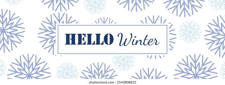 Hello winter. 1st December as a symbol of winter beginning. Hand drawn vector illustration in flat style. Blue snowflakes background. Vector web banner, greeting card, snowfall design